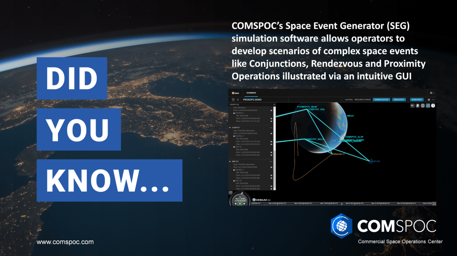 Did You Know: COMSPOC's Space Event Generator (SEG) simulation software allows operators to develop scenarios of complex space events like Conjunctions, Rendezvous and Proximity Operations ilustrated via an intuitive GUI.