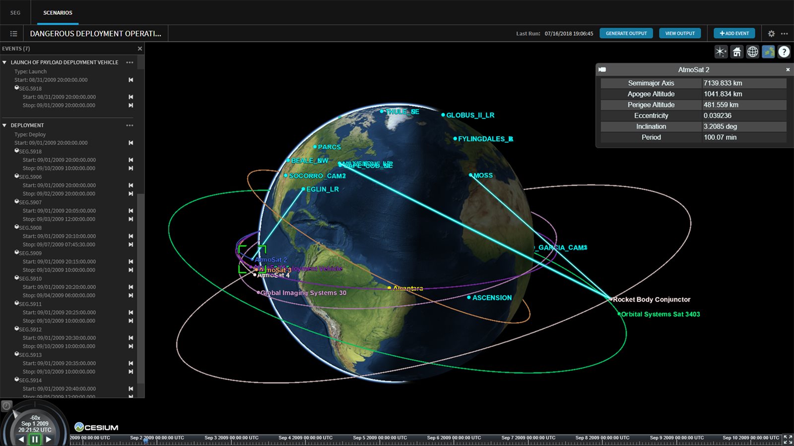Picture of COMSPOC's Space Event Generator (SEG) dash panel illustrating object's in orbit around the earth detailing their apogee altitude, perigee altitude, eccentricity, inclination and period.